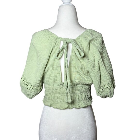 Altard State Womens S Green Peasant Blouse Boho Lace Crop Top Smocked Back Tie - Picture 10 of 10